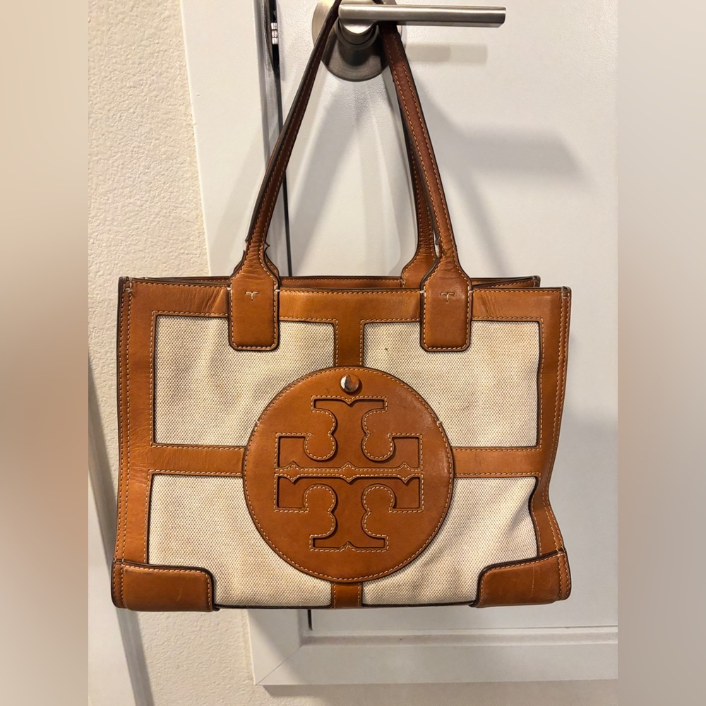 Tory Burch Tan and Cream Tote Bag with Leather Trim